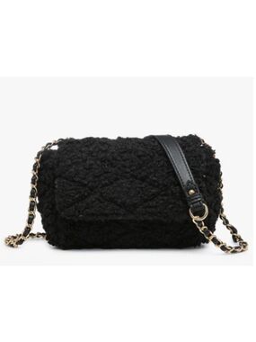 Ladies Black Sherpa Fuzzy Quilted Crossbody Bag Gold Chain Link NWT